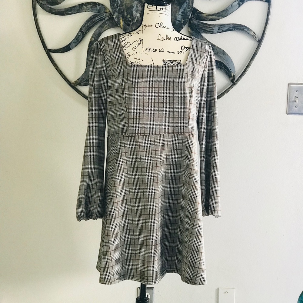 ALLEGRA K HOUNDSTOOTH PLAID SQUARE NECK LONG SLEEVE DRESS